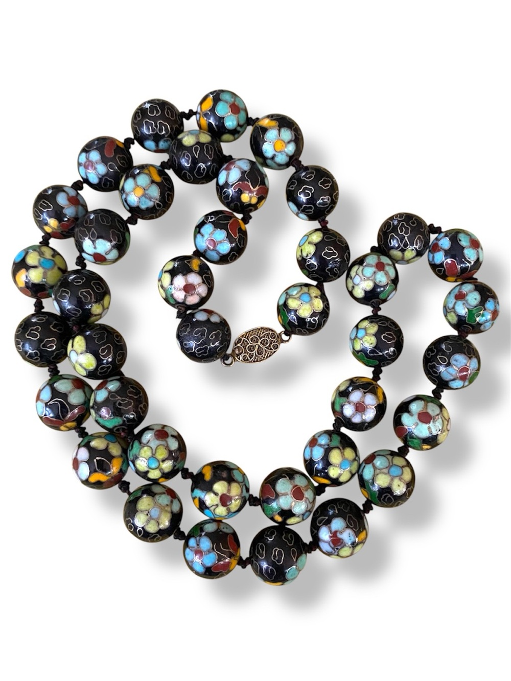Vintage Chinese Hand-knotted Cloisonné Floral Bead Cloud Necklace Filagree Clasp